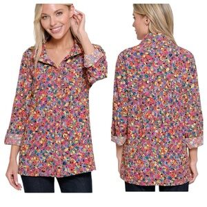 JOHN MARK Multicolor Embroidered Eyelet Tunic Top Wire Collar Roll-Tab Sleeve M